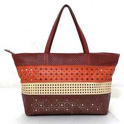 Salvatore Ferragamo Tote Bag Red Beige Orange Gancini Leather Flower Ladies