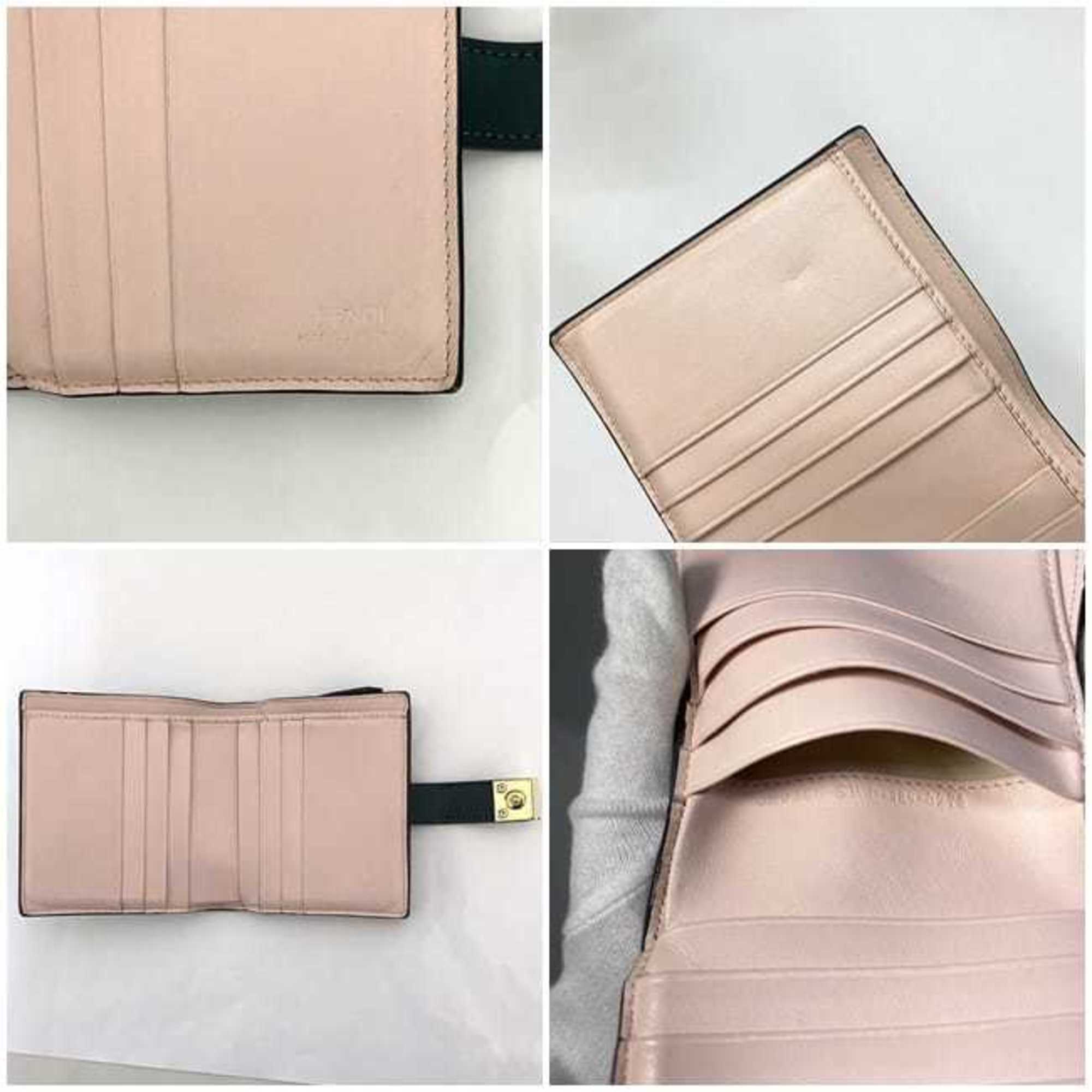 Fendi Bifold Wallet Green Pink Gold White Rainbow 8M0386 Leather GP FENDI Studs Women's