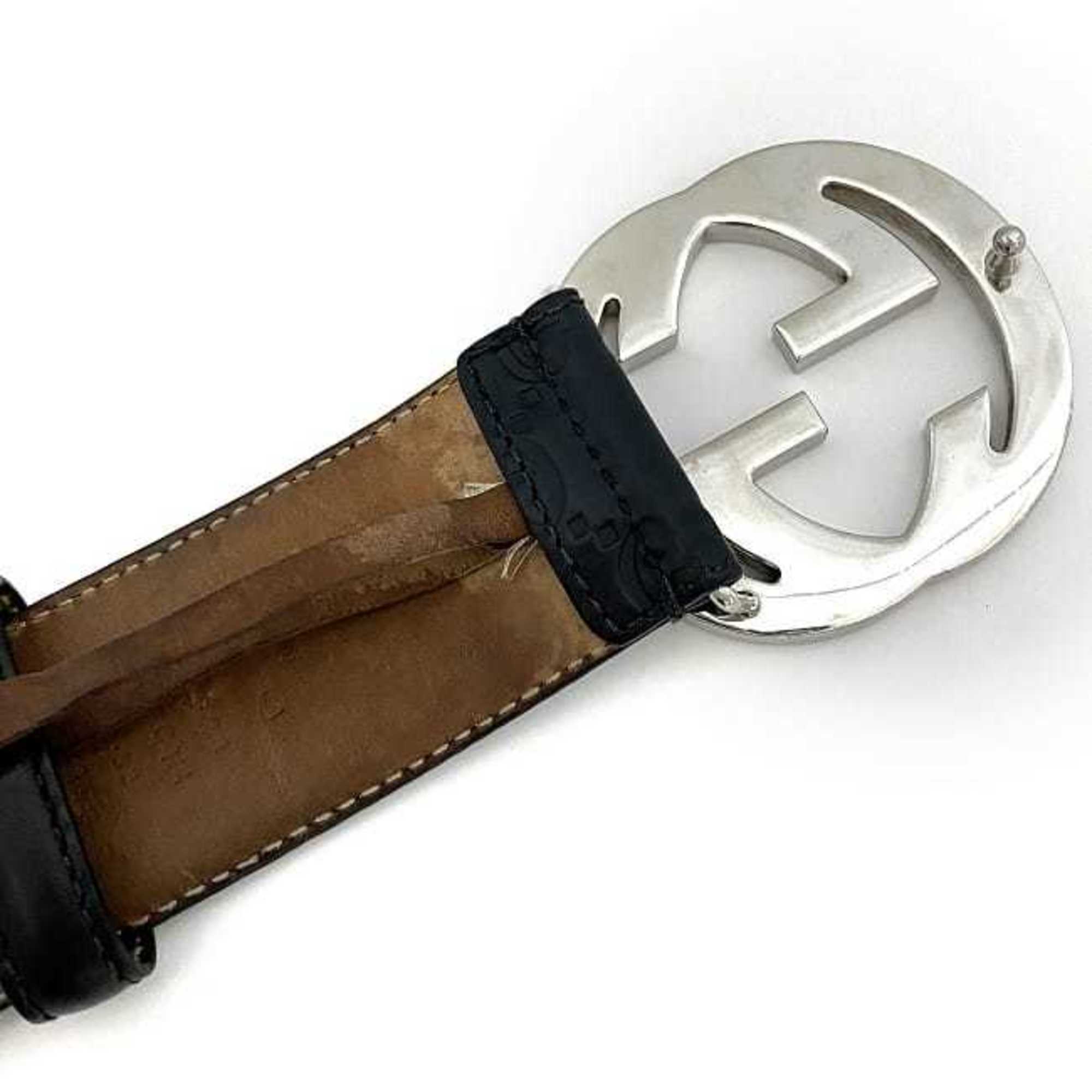 Gucci Belt Black Silver Stripe Interlocking 411924 GG Men's 40mm Leather Metal GUCCI Waist Buckle