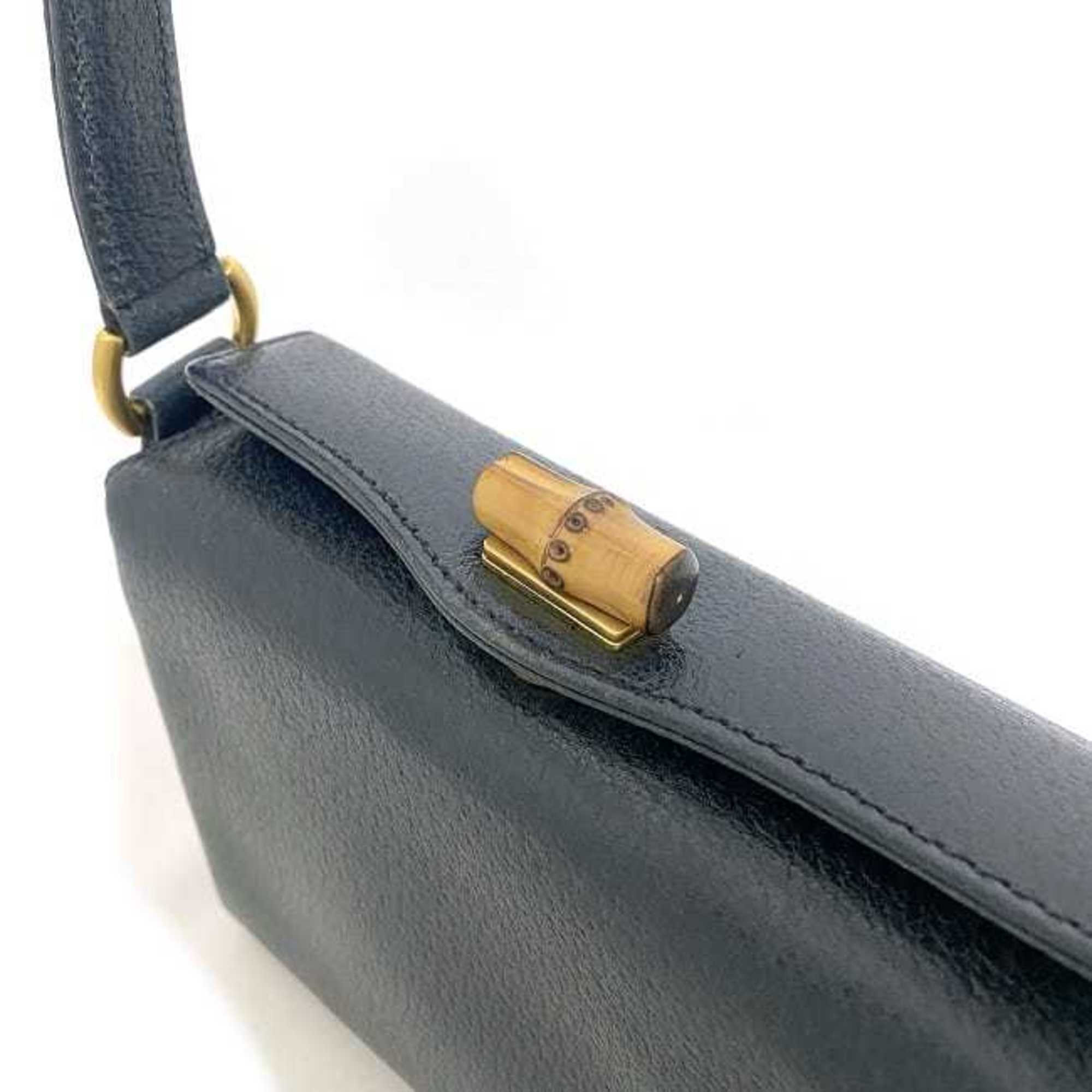 Gucci Handbag Navy Gold Bamboo 000 33 0240 Leather GUCCI Turnlock Blue Compact