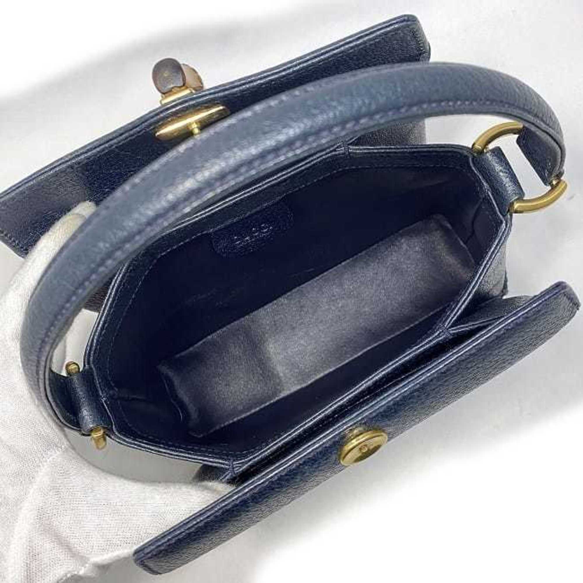 Gucci Handbag Navy Gold Bamboo 000 33 0240 Leather GUCCI Turnlock Blue Compact