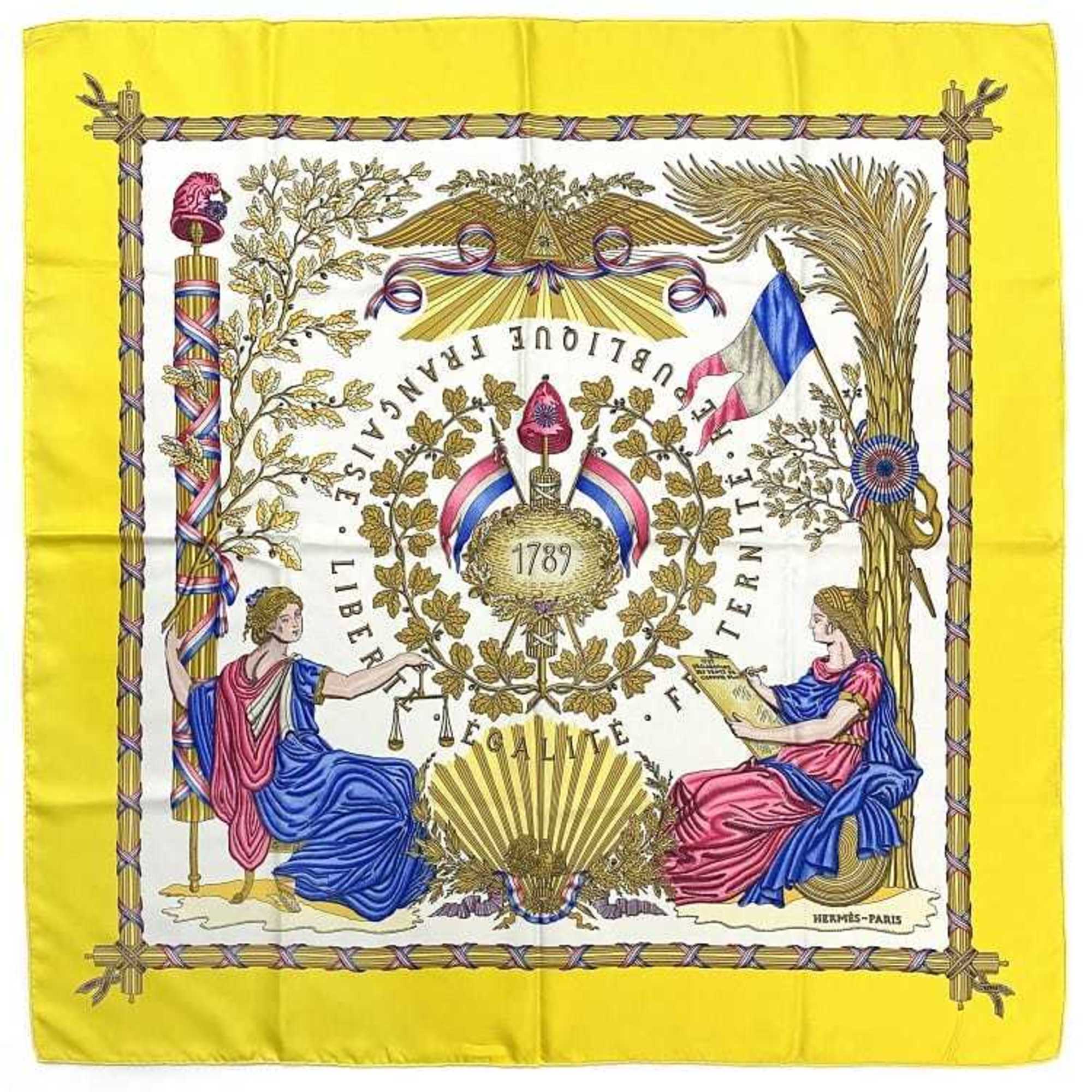 Hermes Muffler Carre 90 Yellow White 1789 In Commemoration of the French Revolution Large Size 100% Silk HERMES LIBERTE EGALITE FRATERNITE REPUBLIQUE FRANCAISE Ladies