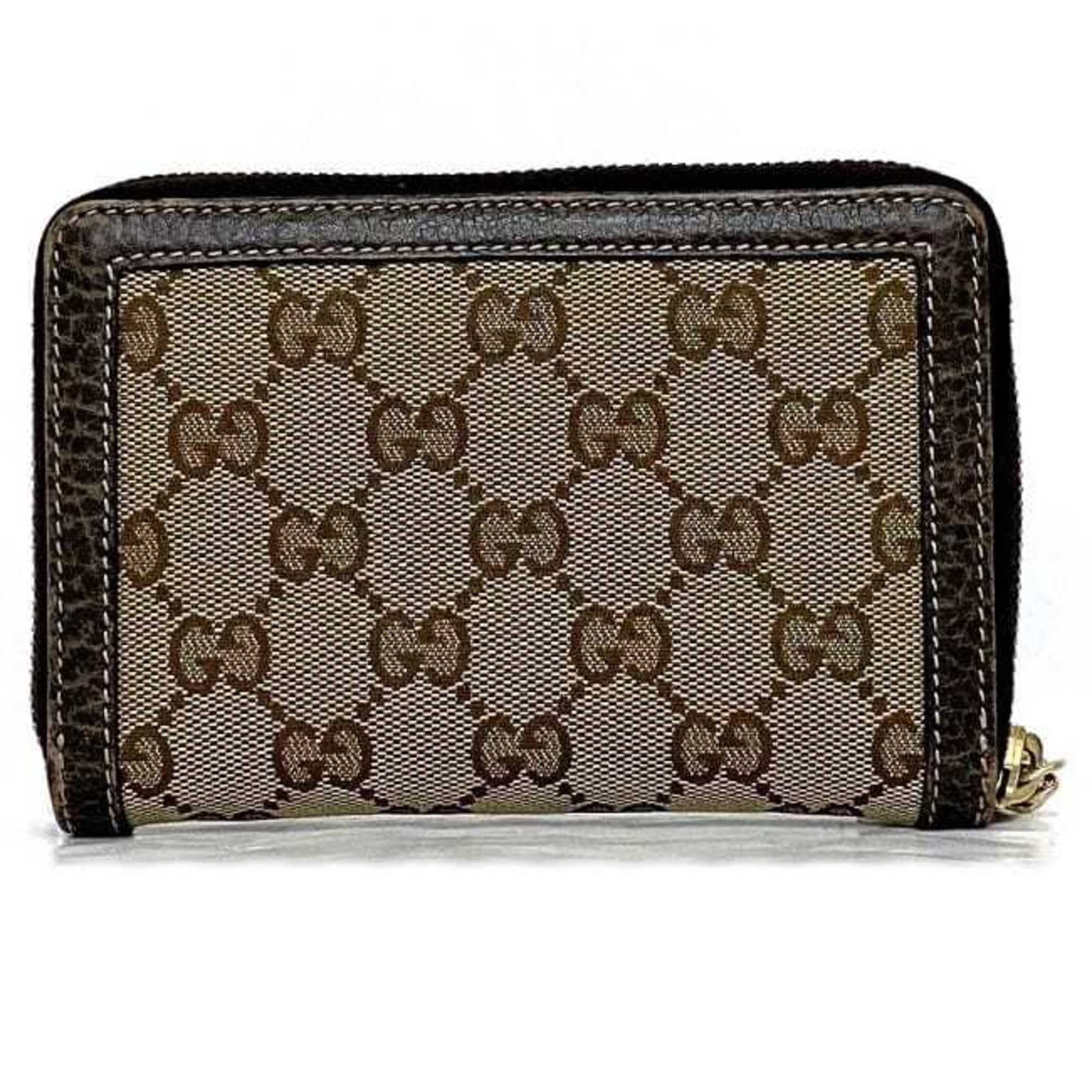Gucci Bifold Round Wallet Beige Brown GG Bamboo 224256 Tassel Canvas Leather GUCCI Compact Folding Ladies