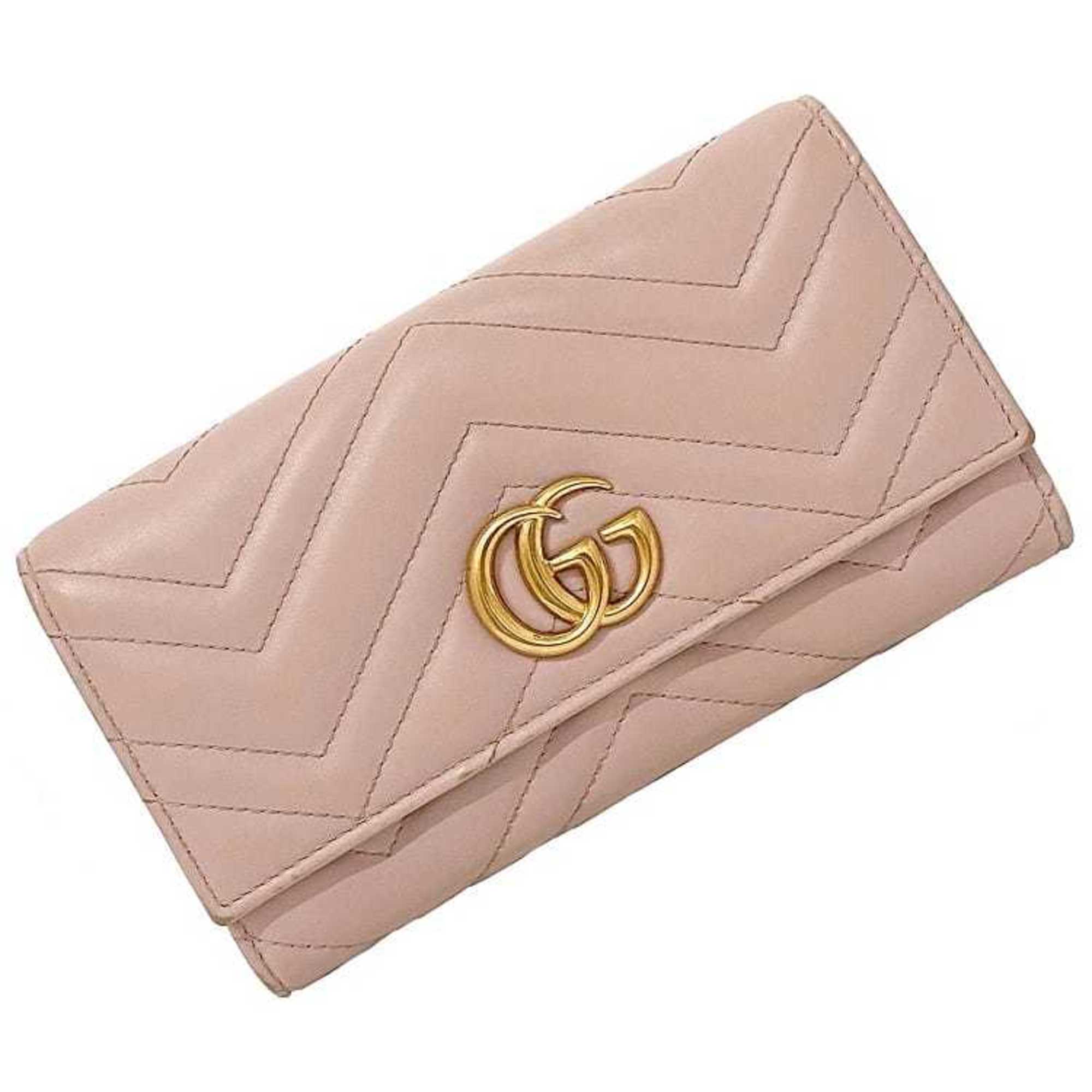 Gucci Bifold Long Wallet Pink Gold GG Marmont 443436 Leather GP GUCCI Flap Stitch Metal Fittings Quilting Ladies