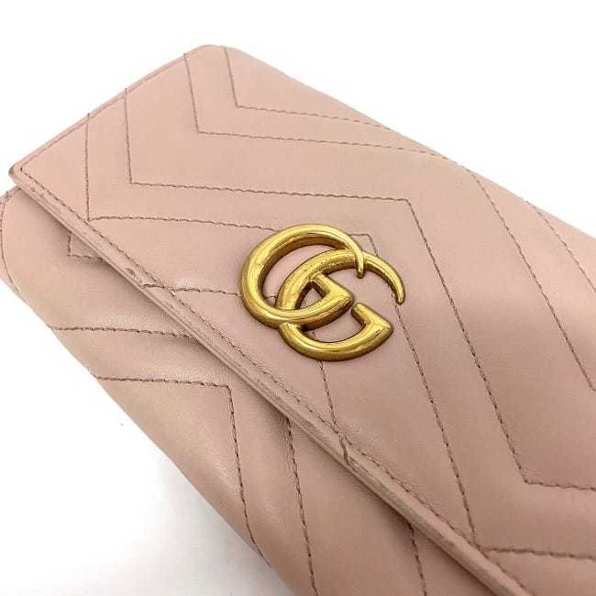 Gucci Bifold Long Wallet Pink Gold GG Marmont 443436 Leather GP GUCCI Flap Stitch Metal Fittings Quilting Ladies