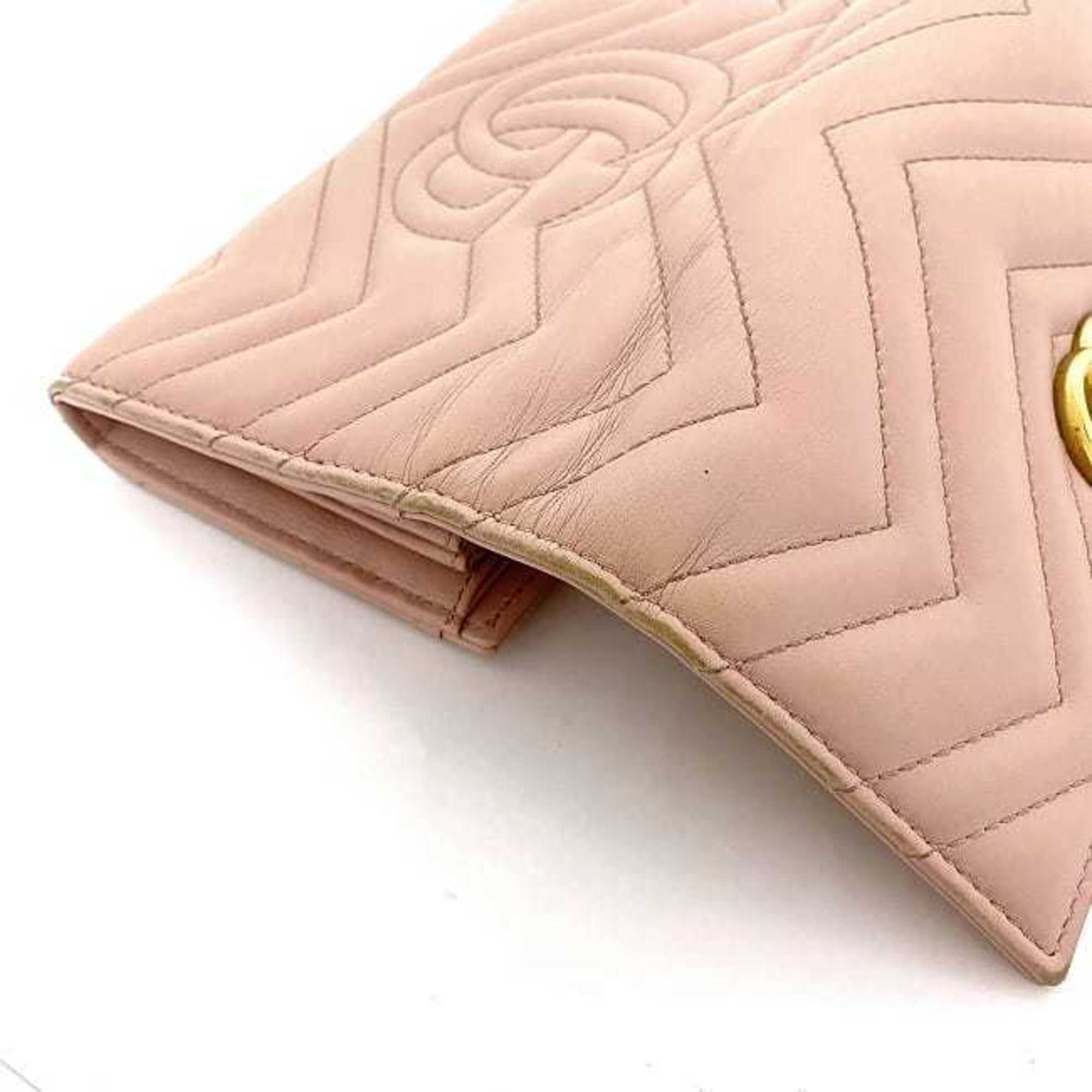 Gucci Bifold Long Wallet Pink Gold GG Marmont 443436 Leather GP GUCCI Flap Stitch Metal Fittings Quilting Ladies