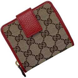 Gucci Bifold Wallet Beige Red GG 346056 Canvas Leather GUCCI Compact Zip Round Ladies