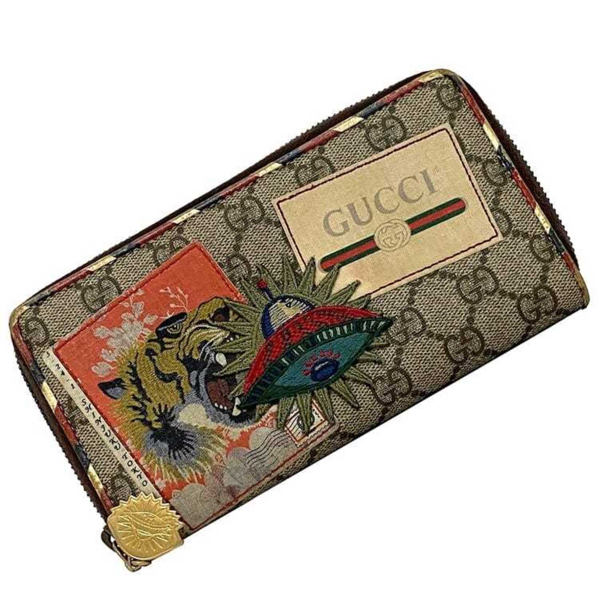 Gucci Round Long Wallet Brown GG Supreme Courier 473909 Applique Leather GUCCI Tiger Canvas Women's Men's