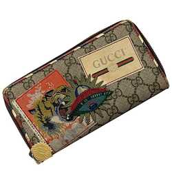 Gucci Round Long Wallet Brown GG Supreme Courier 473909 Applique Leather GUCCI Tiger Canvas Women's Men's