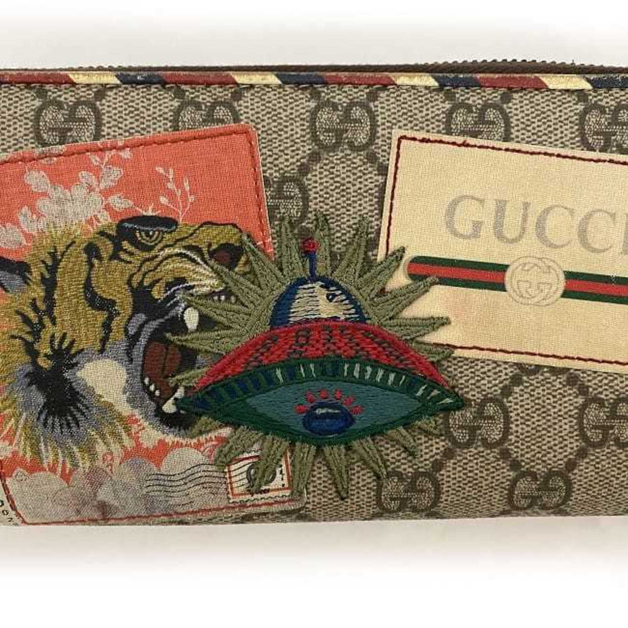 Gucci Round Long Wallet Brown GG Supreme Courier 473909 Applique Leather GUCCI Tiger Canvas Women's Men's