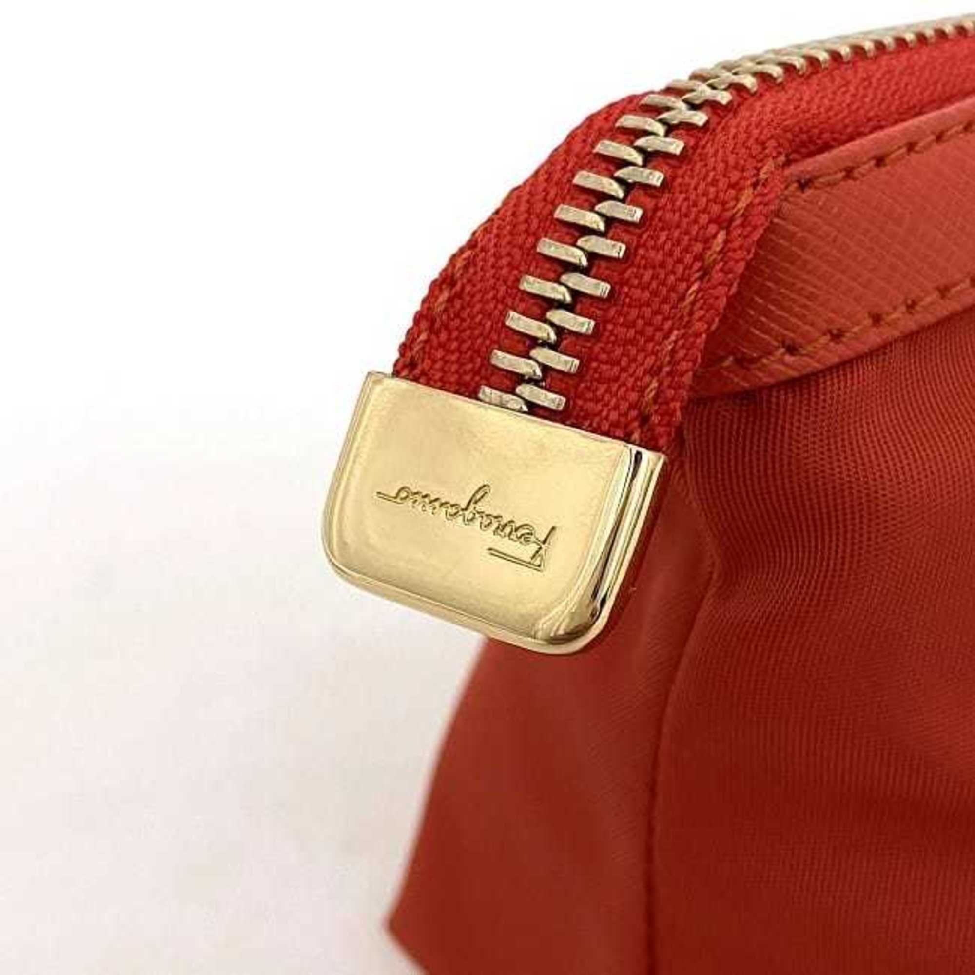 Salvatore Ferragamo Pouch Red Gold Vara AU-22 Nylon Leather GP Ribbon Makeup Ladies