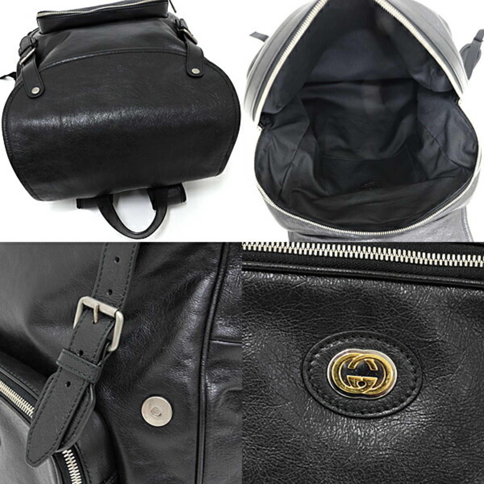 GUCCI Interlocking G Medium Backpack Rucksack Daypack Leather 575823 Black