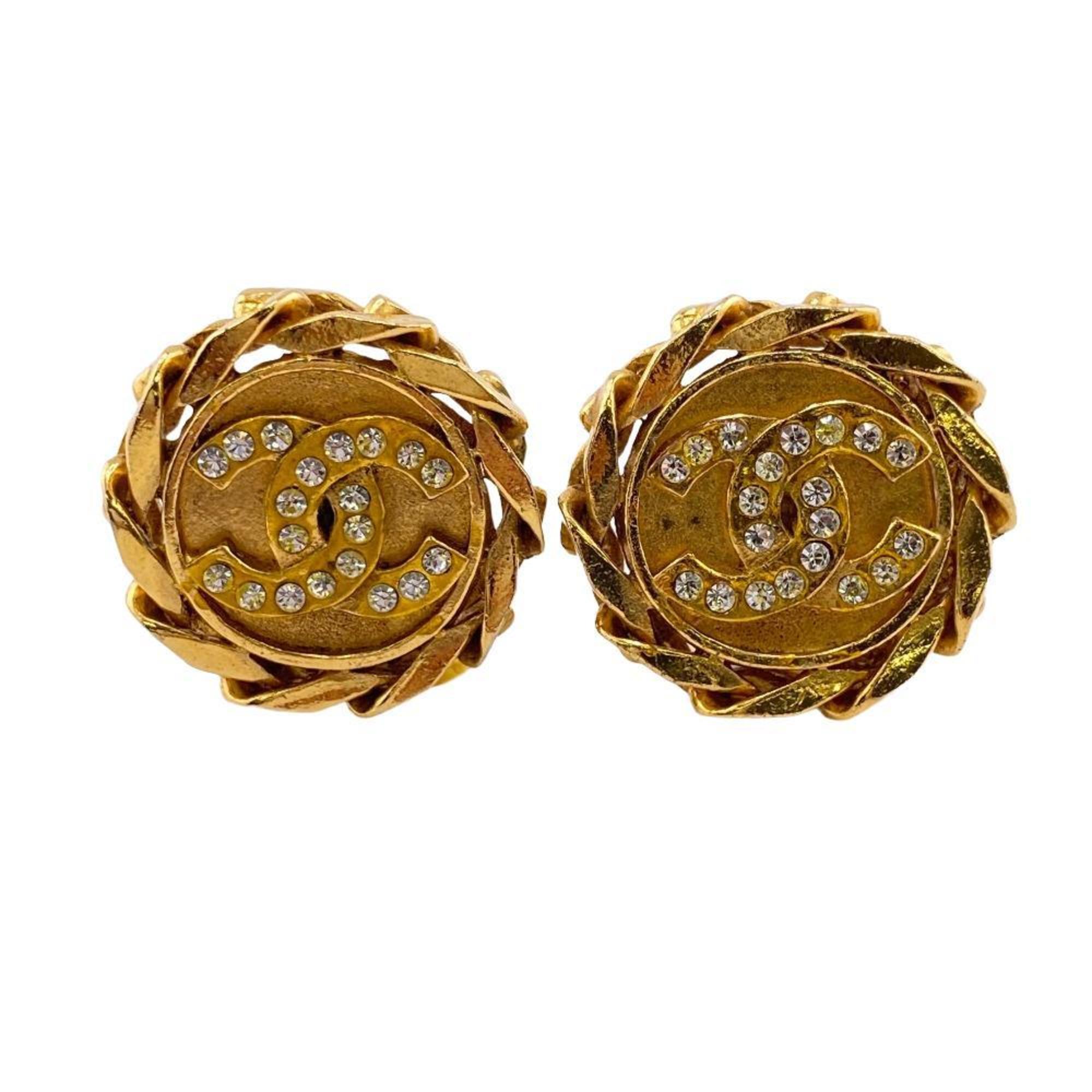 CHANEL Rhinestone 23 Coco Mark Earrings Gold Ladies
