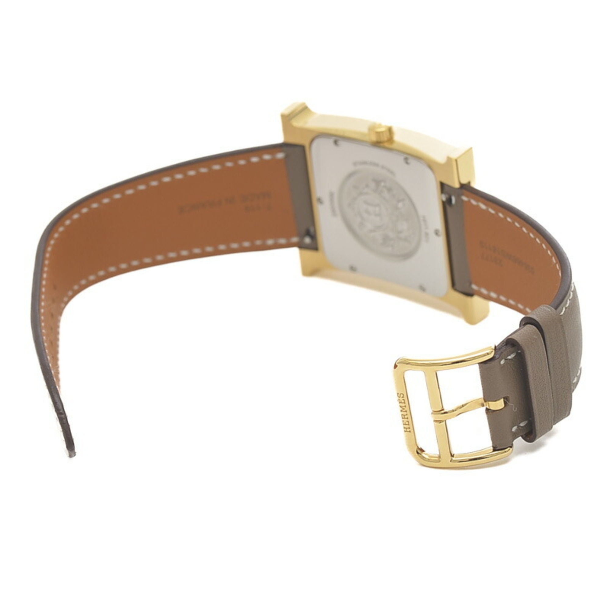 Hermes H Watch White Dial SS/Leather Gold/Etoupe Quartz HH1.801 Men's
