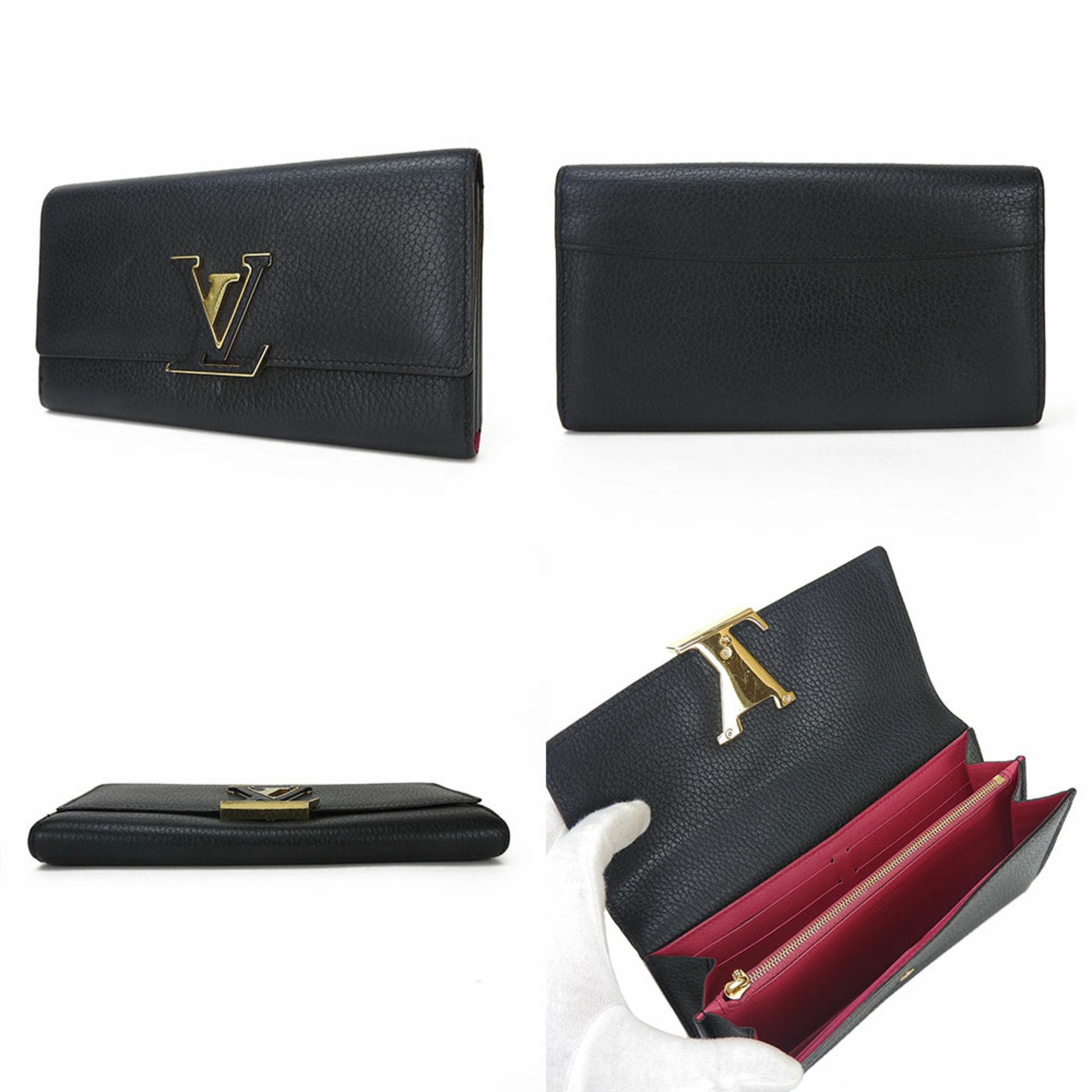 Louis Vuitton Bifold Long Wallet Portefeuille Capucines LOUIS VUITTON M61248 Black Pink Leather Ladies LV Gold