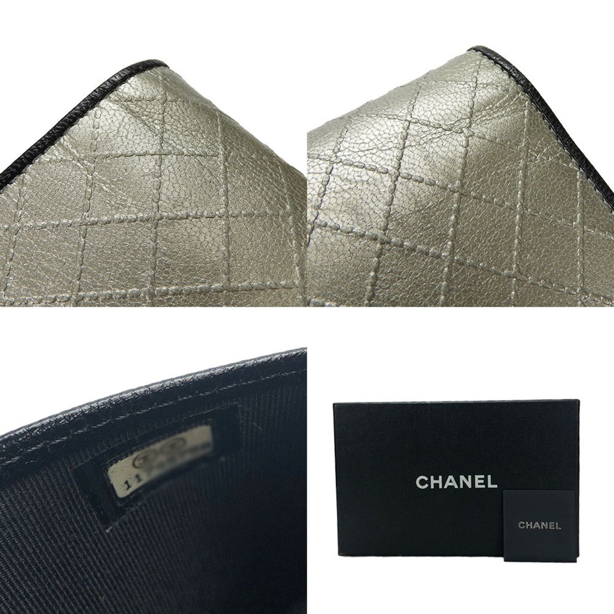 CHANEL Bifold Long Wallet Metallic Silver 1 Coco Mark Coin Purse Leather