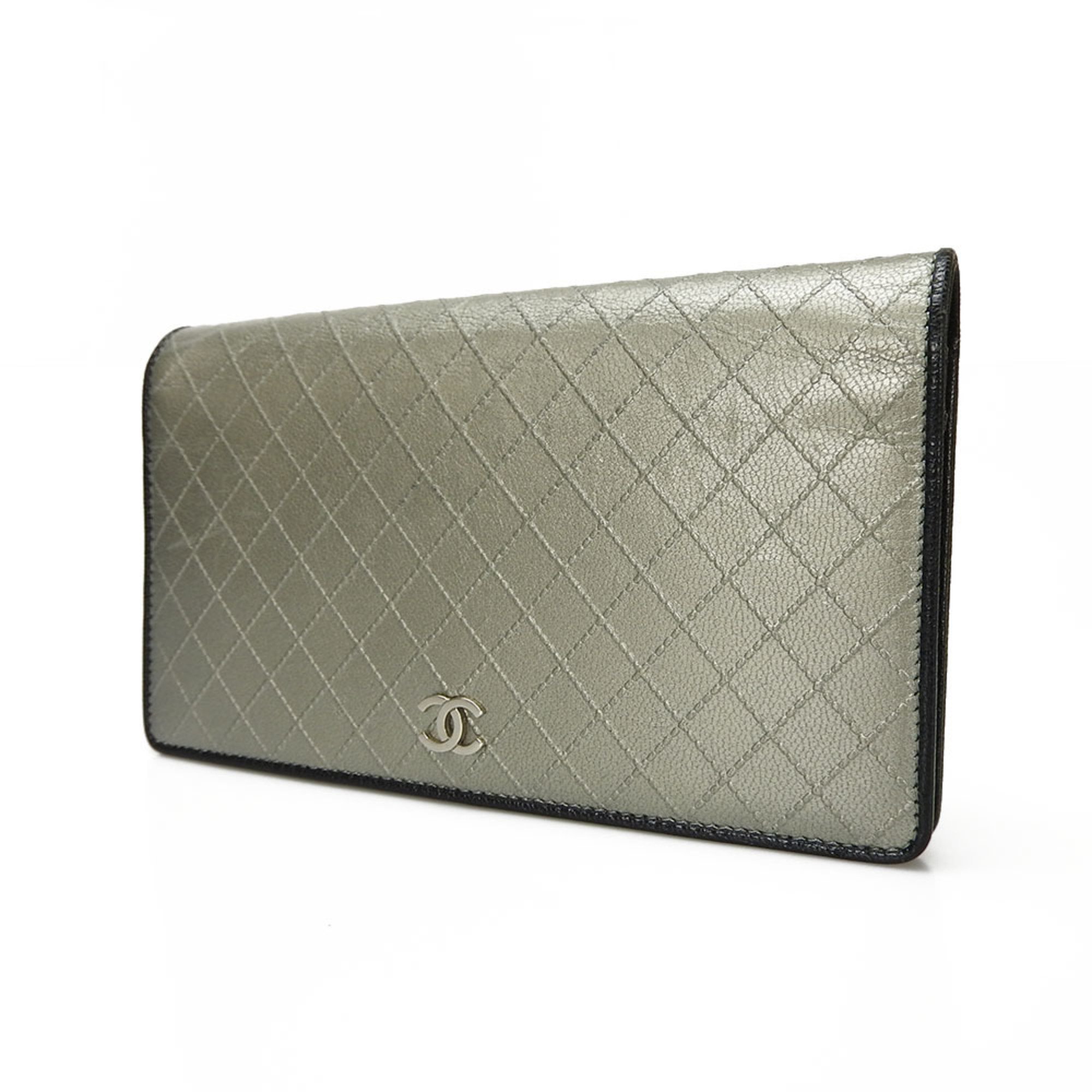 CHANEL Bifold Long Wallet Metallic Silver 1 Coco Mark Coin Purse Leather