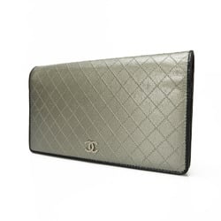 CHANEL Bifold Long Wallet Metallic Silver 1 Coco Mark Coin Purse Leather