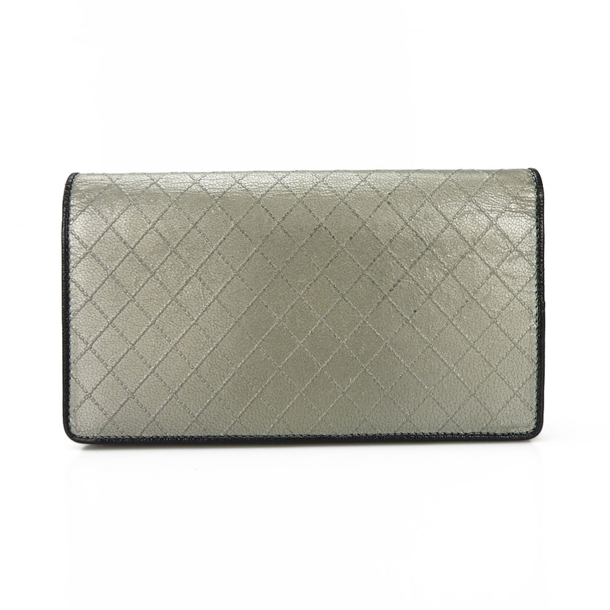 CHANEL Bifold Long Wallet Metallic Silver 1 Coco Mark Coin Purse Leather