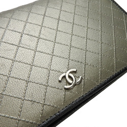 CHANEL Bifold Long Wallet Metallic Silver 1 Coco Mark Coin Purse Leather