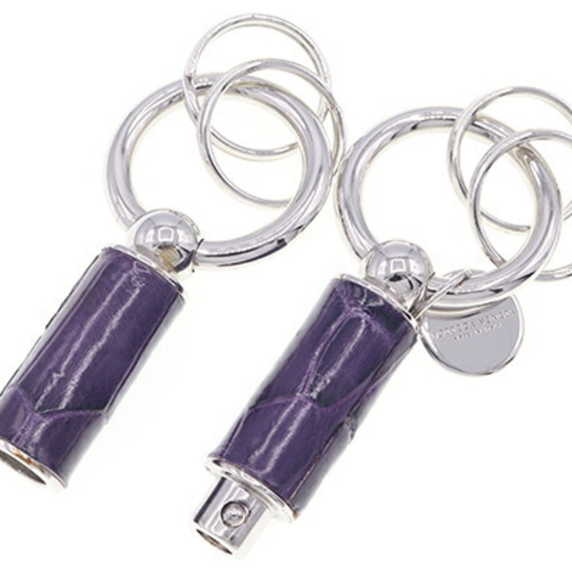 BOTTEGA VENETA Key Ring Silver Purple Metal Leather Keychain Women Men Crocodile