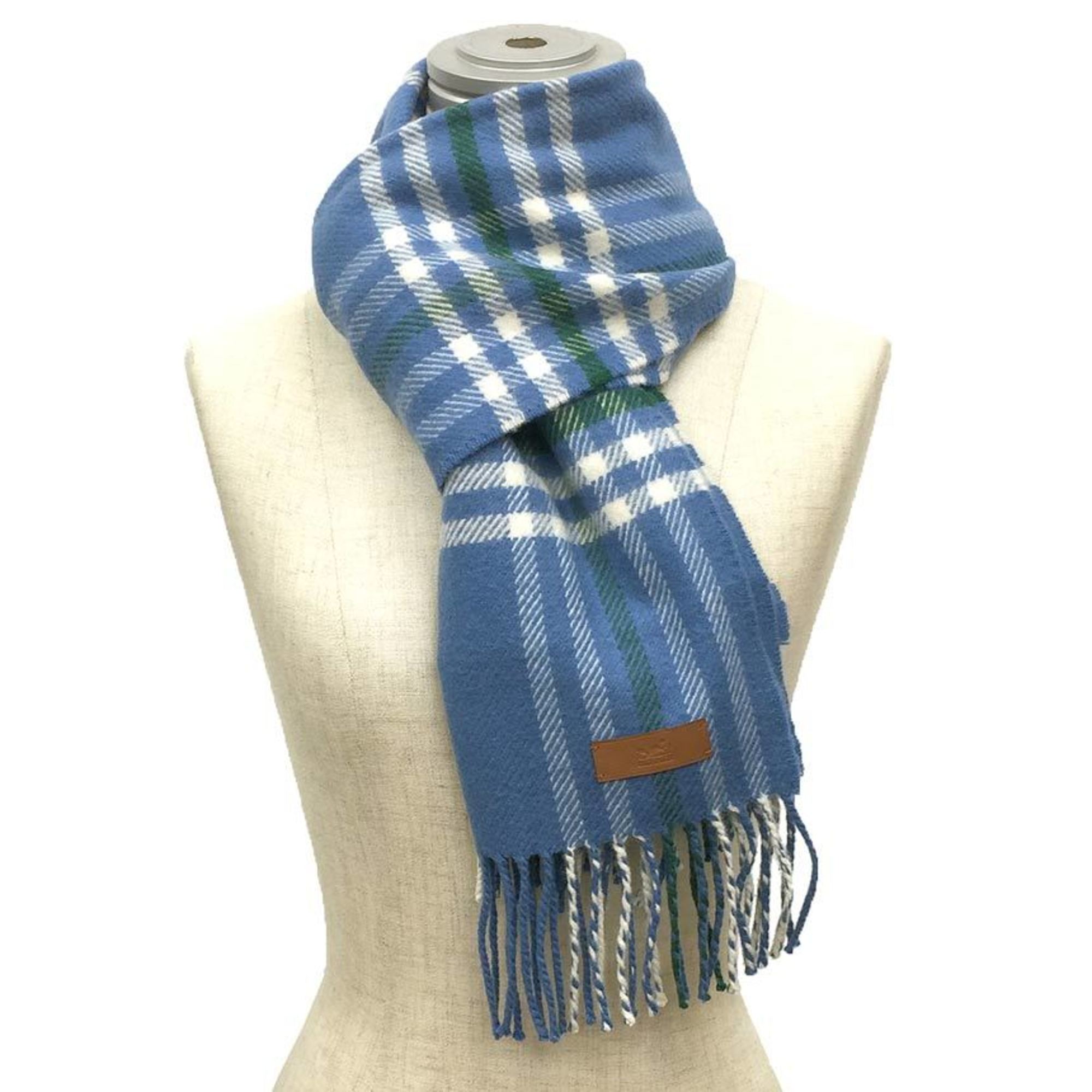 HERMES Hermes muffler check light blue 100% cashmere stole shawl