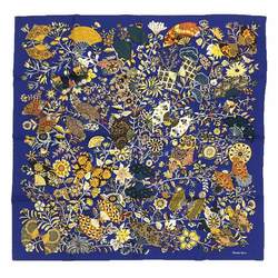 HERMES Hermes Scarf Muffler Carre 90 Fleurs et papillons de Tissus Flower Blooming Woven Blue BLEU NUIT/MIEL/OCRE 100% Silk