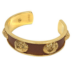 HERMES Leather Bracelet Bangle Cuff x Brass Seashell Shell Motif Gold Brown Hermes