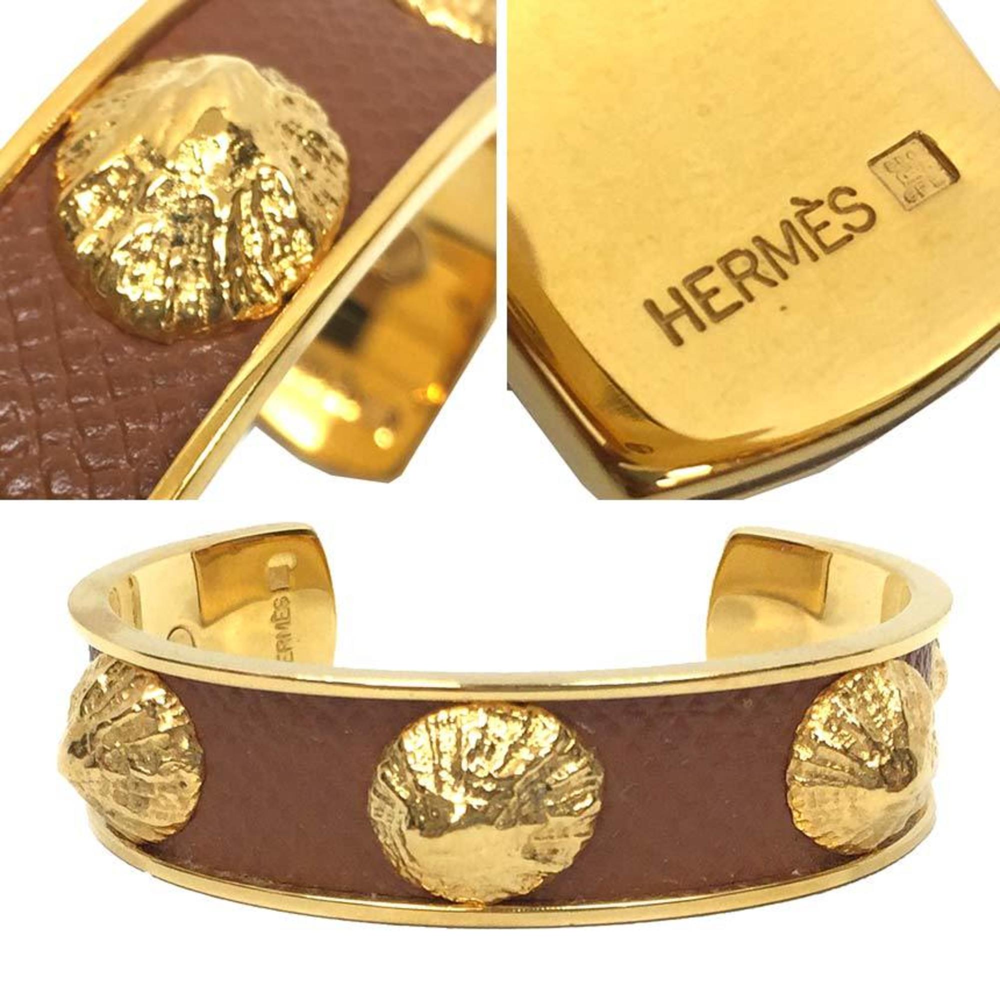 HERMES Leather Bracelet Bangle Cuff x Brass Seashell Shell Motif Gold Brown Hermes