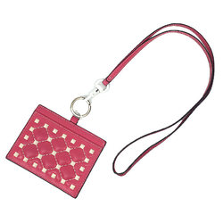 Valentino Garavani Card Case Rockstud PW2P0Q01 Pink White Leather Holder Neck Strap Pass Stitch Quilting Wallet
