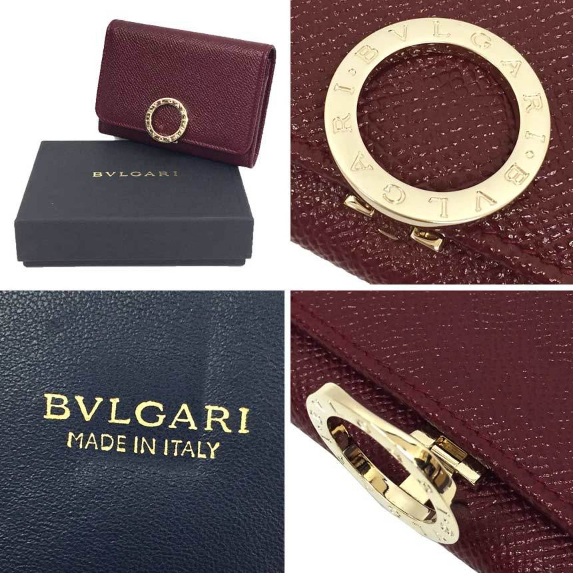 Bvlgari BVLGARI BB Clip Business Card Holder Case 30420 Grain Leather Burgundy Wallet Men's