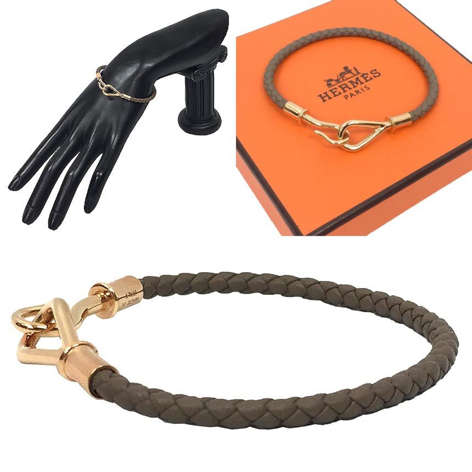 Hermes Leather Bracelet HERMES Jumbo Palladium Plated Etaupe x Rose Gold Intrecciato Men's Women's