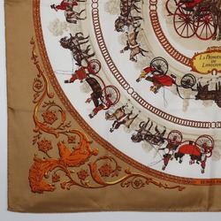 HERMES Carre90 Muffler/Scarf LA PROMENADE DE LONGCHAMPS Walk to Longchamp Silk Made in France Beige Ladies