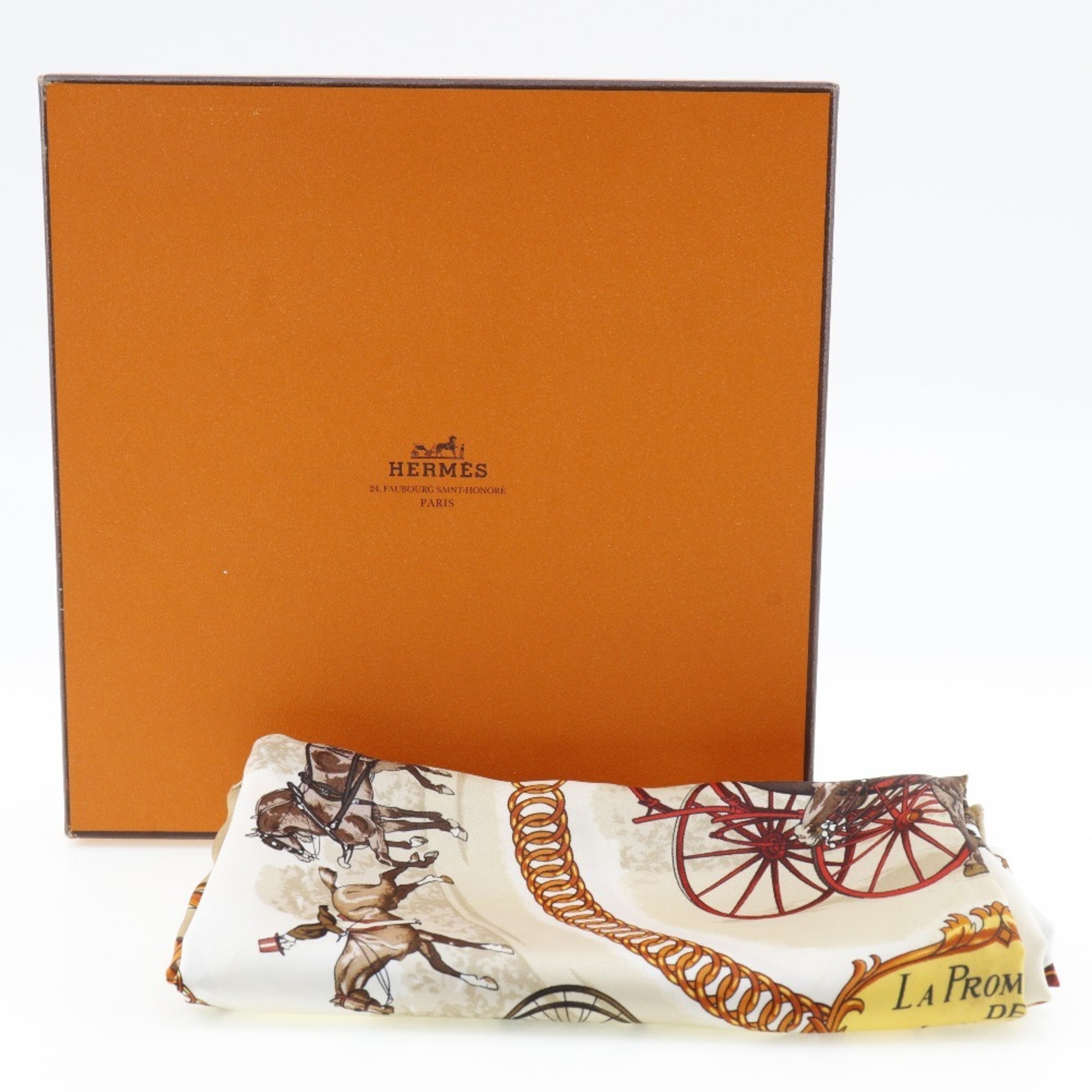 HERMES Carre90 Muffler/Scarf LA PROMENADE DE LONGCHAMPS Walk to Longchamp Silk Made in France Beige Ladies