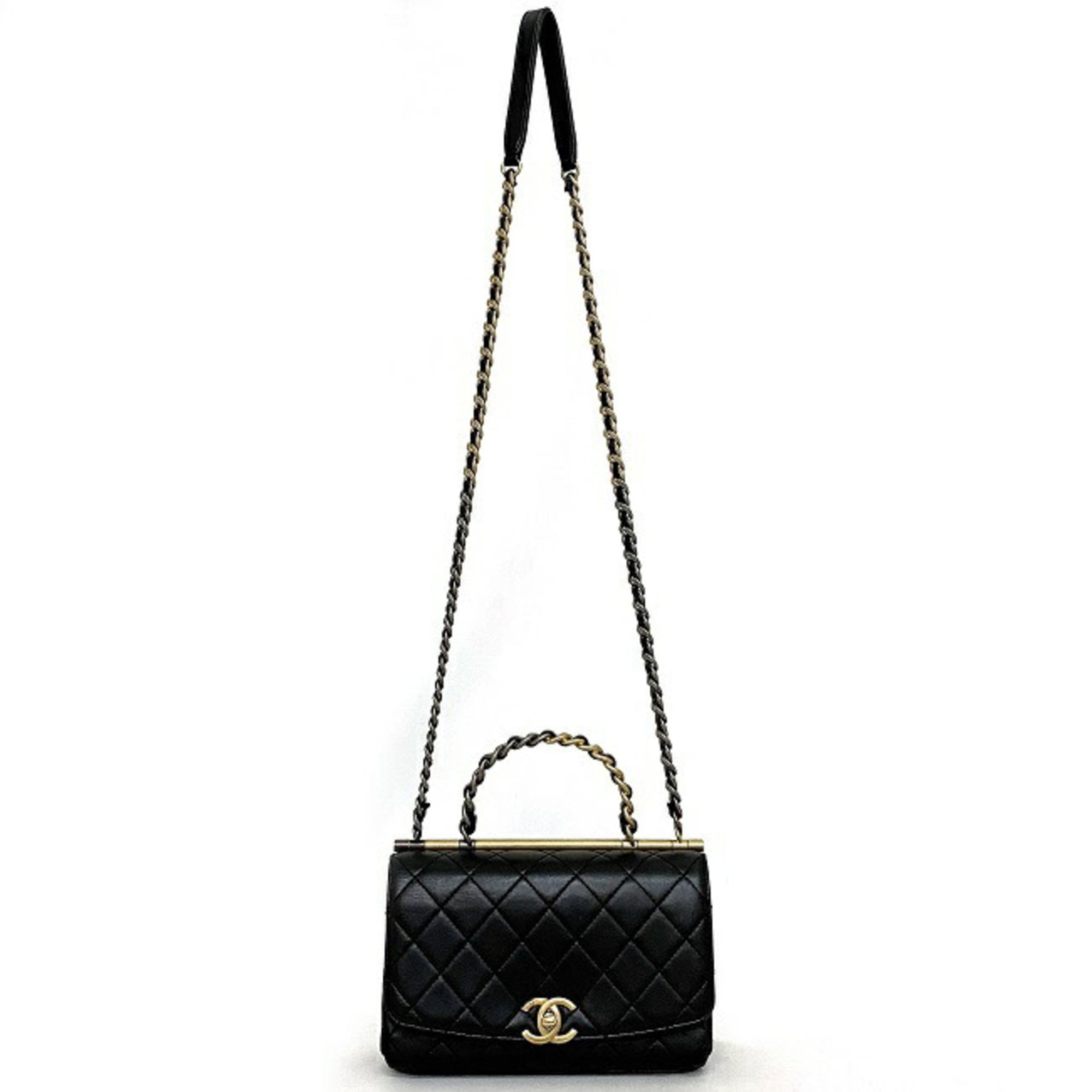 CHANEL 2way bag black gold silver matelasse combination hardware lambskin 29th series chain flap here mark turn lock single handbag