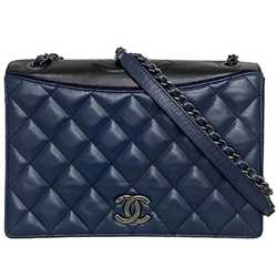 CHANEL Chain Shoulder Bag Navy Black Silver Matelasse Single Flap Leather Lambskin 2 Coco Mark Blue Ladies