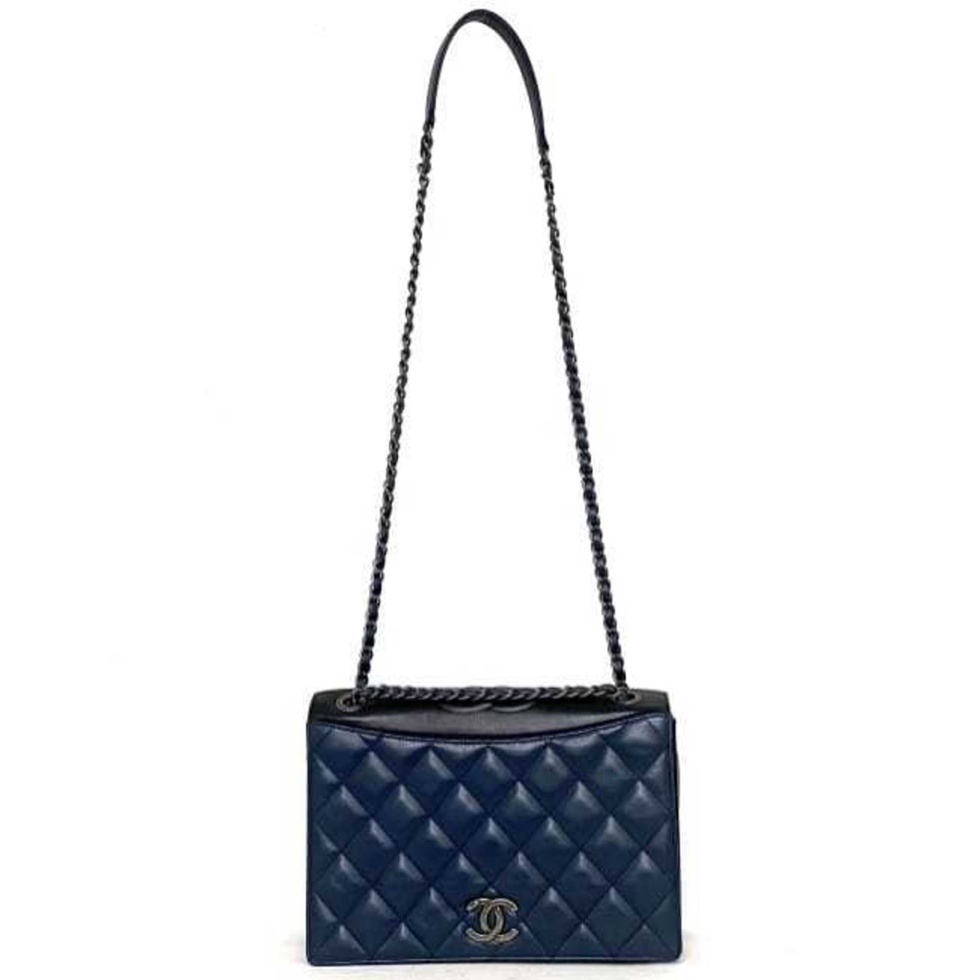 CHANEL Chain Shoulder Bag Navy Black Silver Matelasse Single Flap Leather Lambskin 2 Coco Mark Blue Ladies