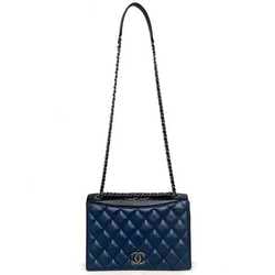 CHANEL Chain Shoulder Bag Navy Black Silver Matelasse Single Flap Leather Lambskin 2 Coco Mark Blue Ladies