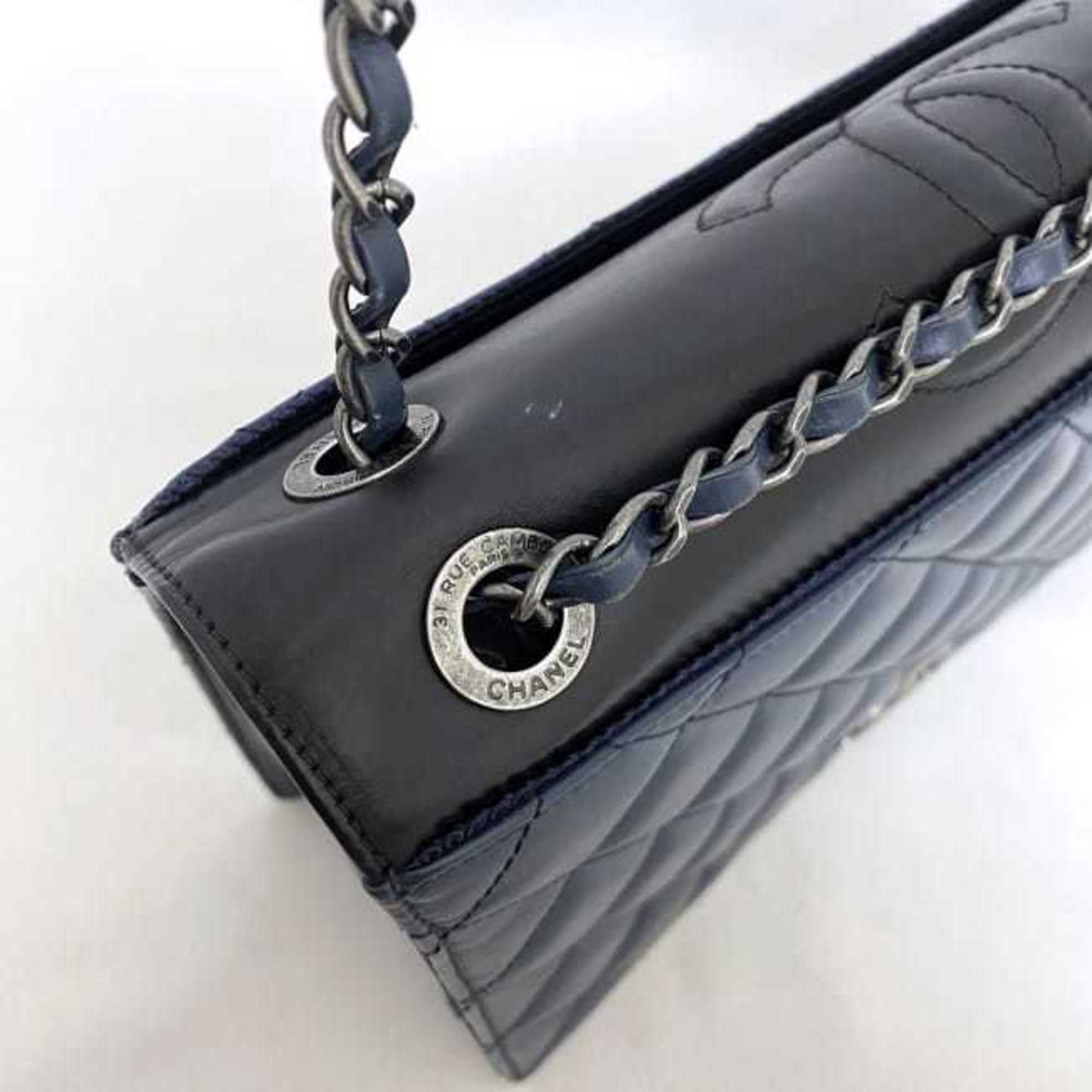 CHANEL Chain Shoulder Bag Navy Black Silver Matelasse Single Flap Leather Lambskin 2 Coco Mark Blue Ladies