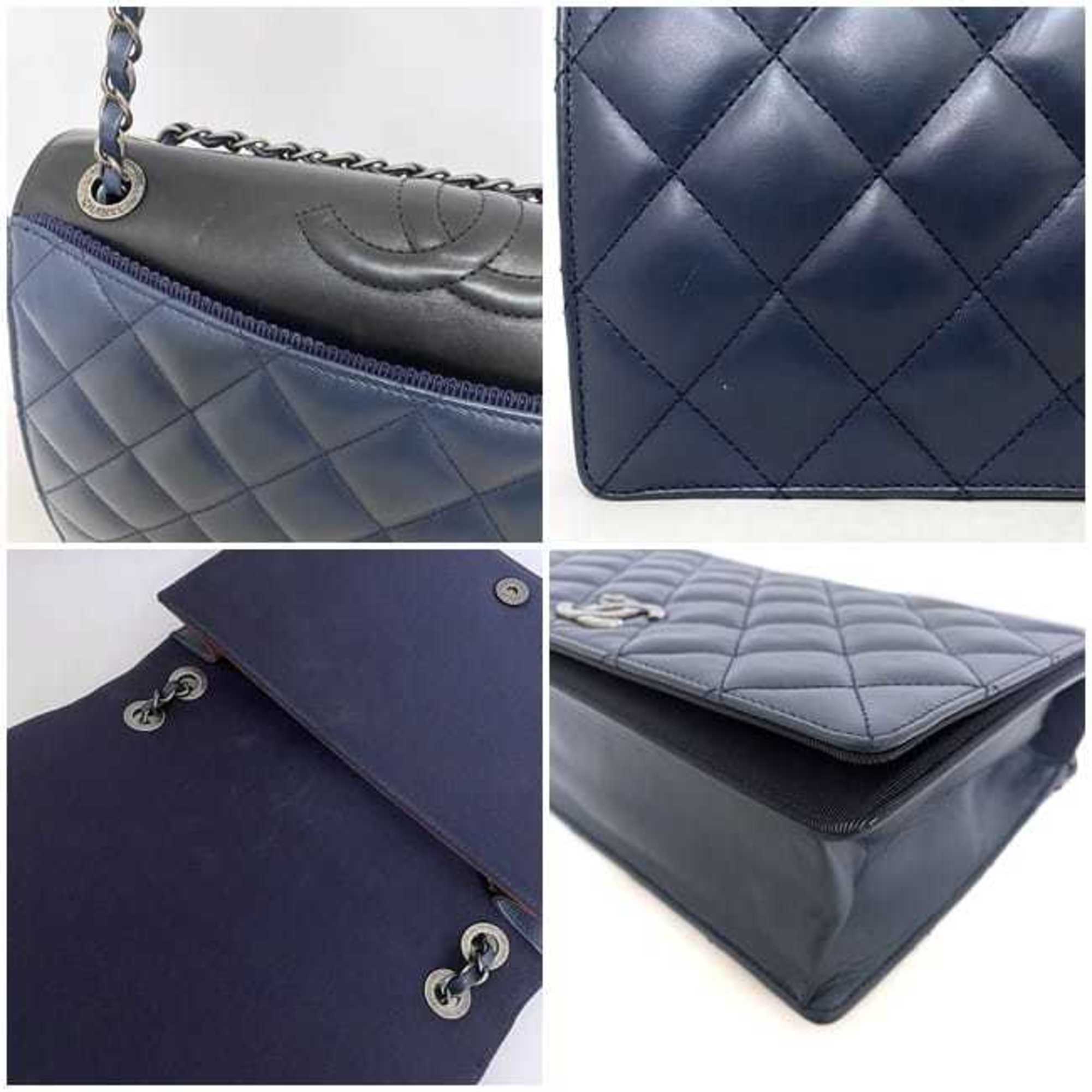 CHANEL Chain Shoulder Bag Navy Black Silver Matelasse Single Flap Leather Lambskin 2 Coco Mark Blue Ladies