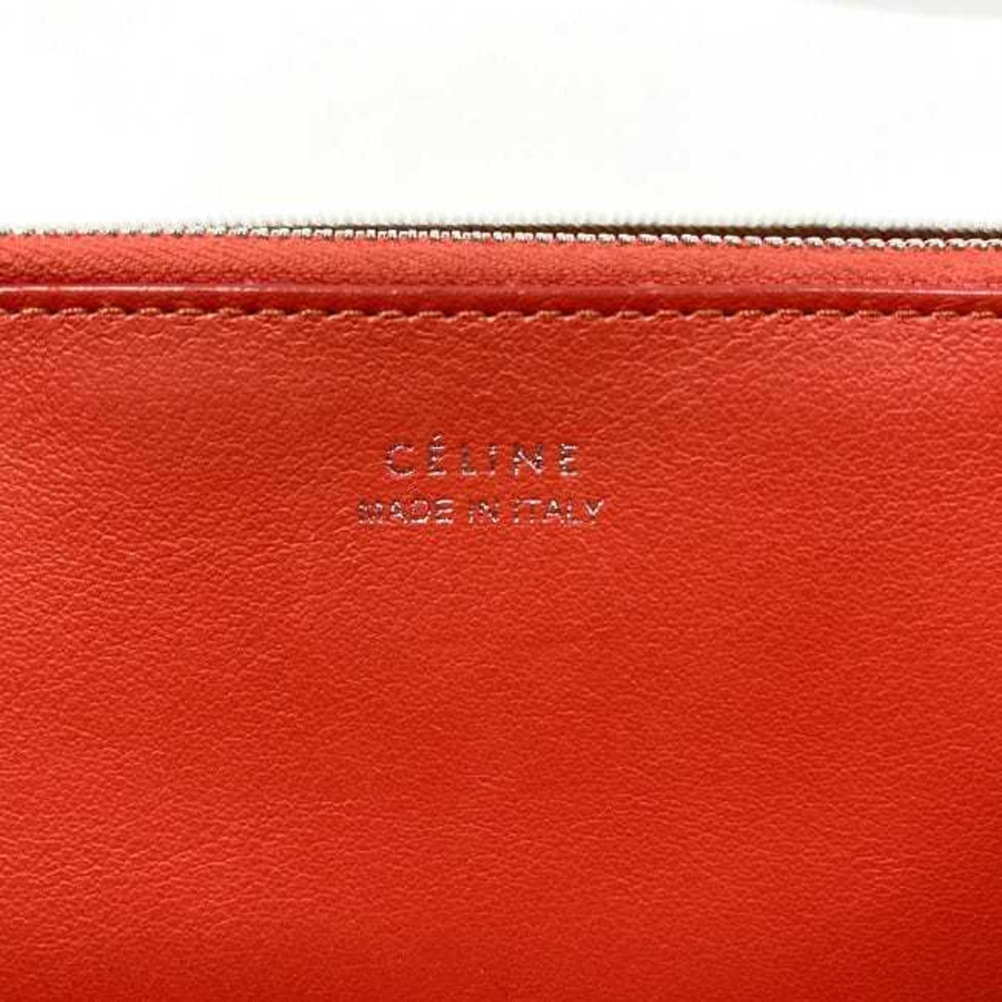 CELINE Round Long Wallet Beige Red Silver Leather Zip Ladies