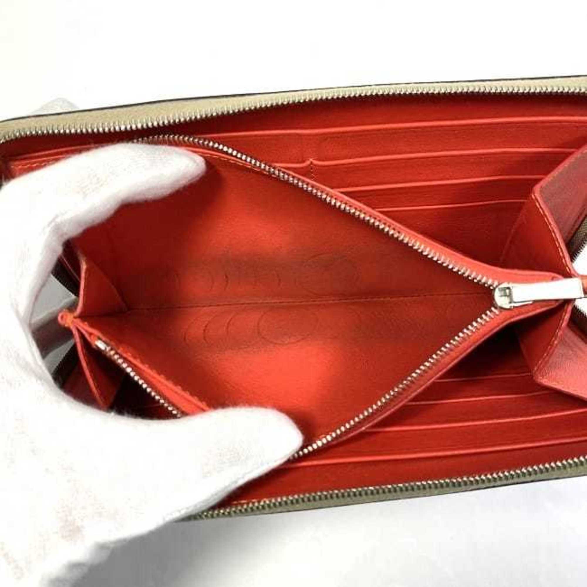 CELINE Round Long Wallet Beige Red Silver Leather Zip Ladies