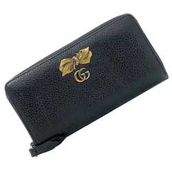 Gucci Round Long Wallet Black Silver GG Marmont Ribbon 524291 Leather GP GUCCI Grain Ladies