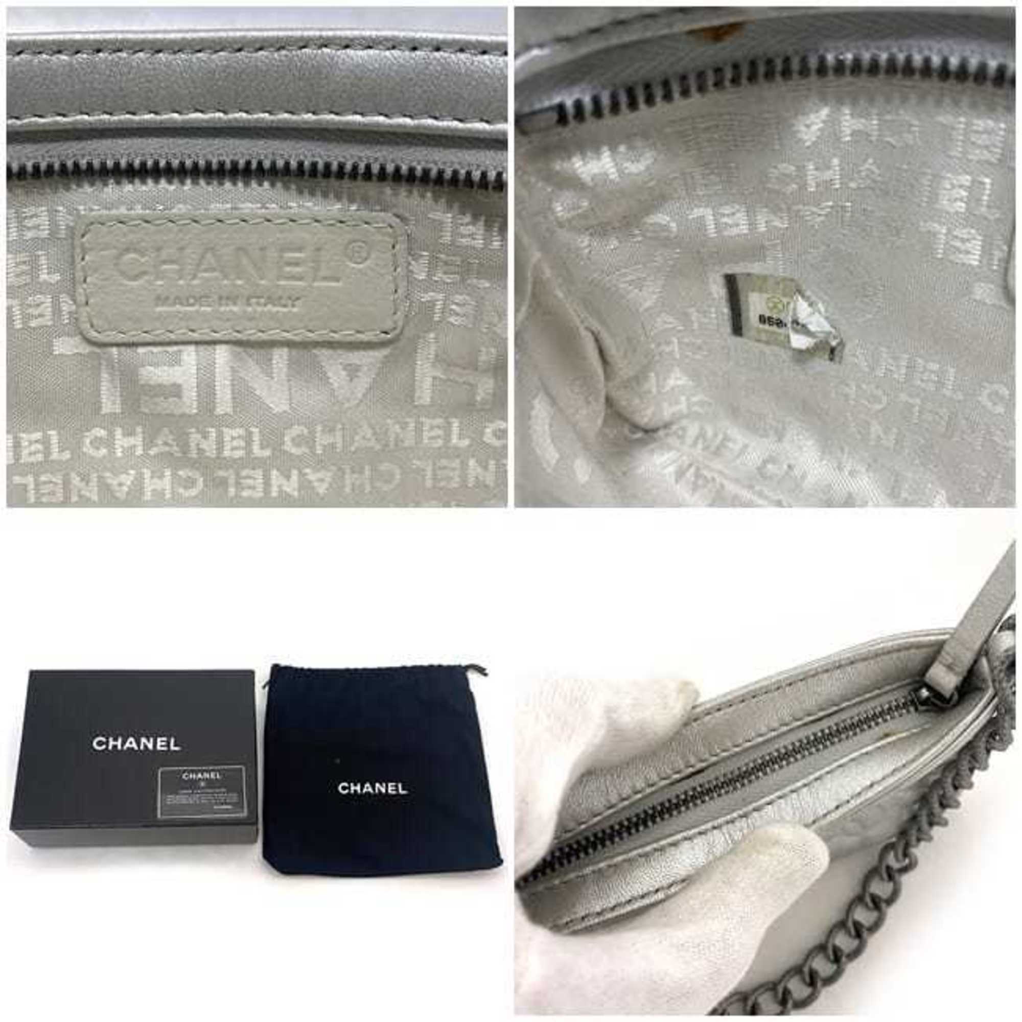 CHANEL Silver Camellia Leather Metal No. 8 Chain Embossed Pouch Flower Pattern Handle Included