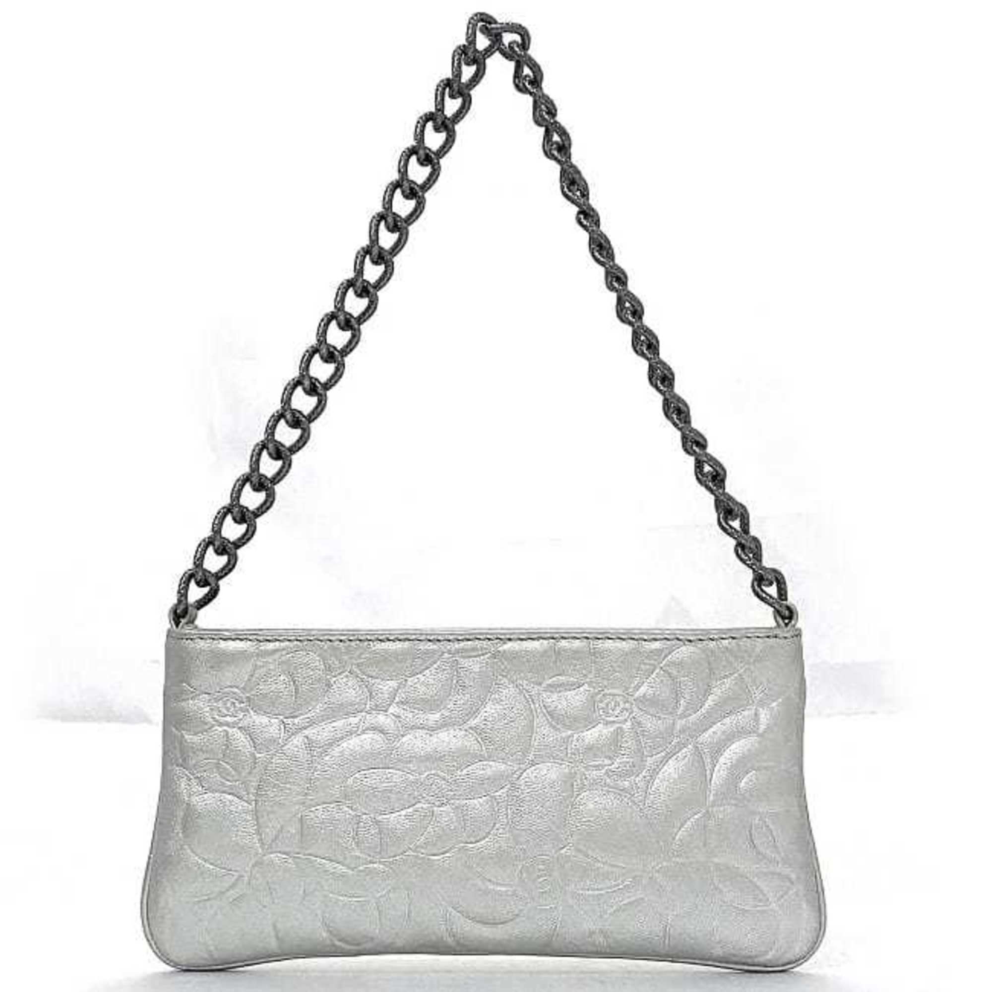 CHANEL Silver Camellia Leather Metal No. 8 Chain Embossed Pouch Flower Pattern Handle Included
