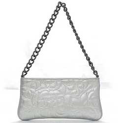 CHANEL Silver Camellia Leather Metal No. 8 Chain Embossed Pouch Flower Pattern Handle Included