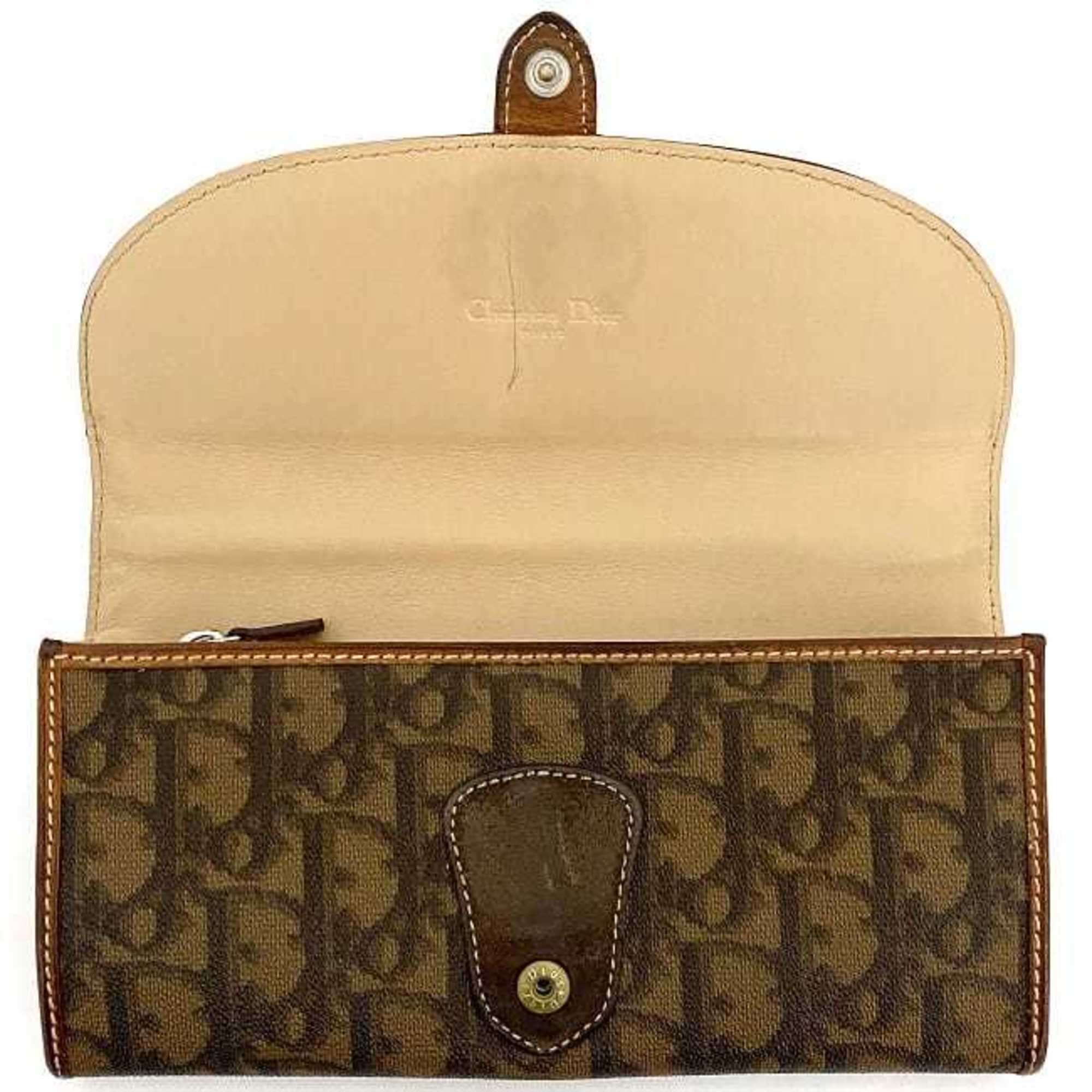 Christian Dior Bifold Long Wallet Brown Beige Silver Trotter PVC Leather Flap Heart
