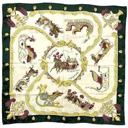 Hermes Scarf Carre 90 Beige Green Feather and Bell 100% Silk HERMES Large PLUMES ET GRELOTS Horse Ladies Fashion Accessories