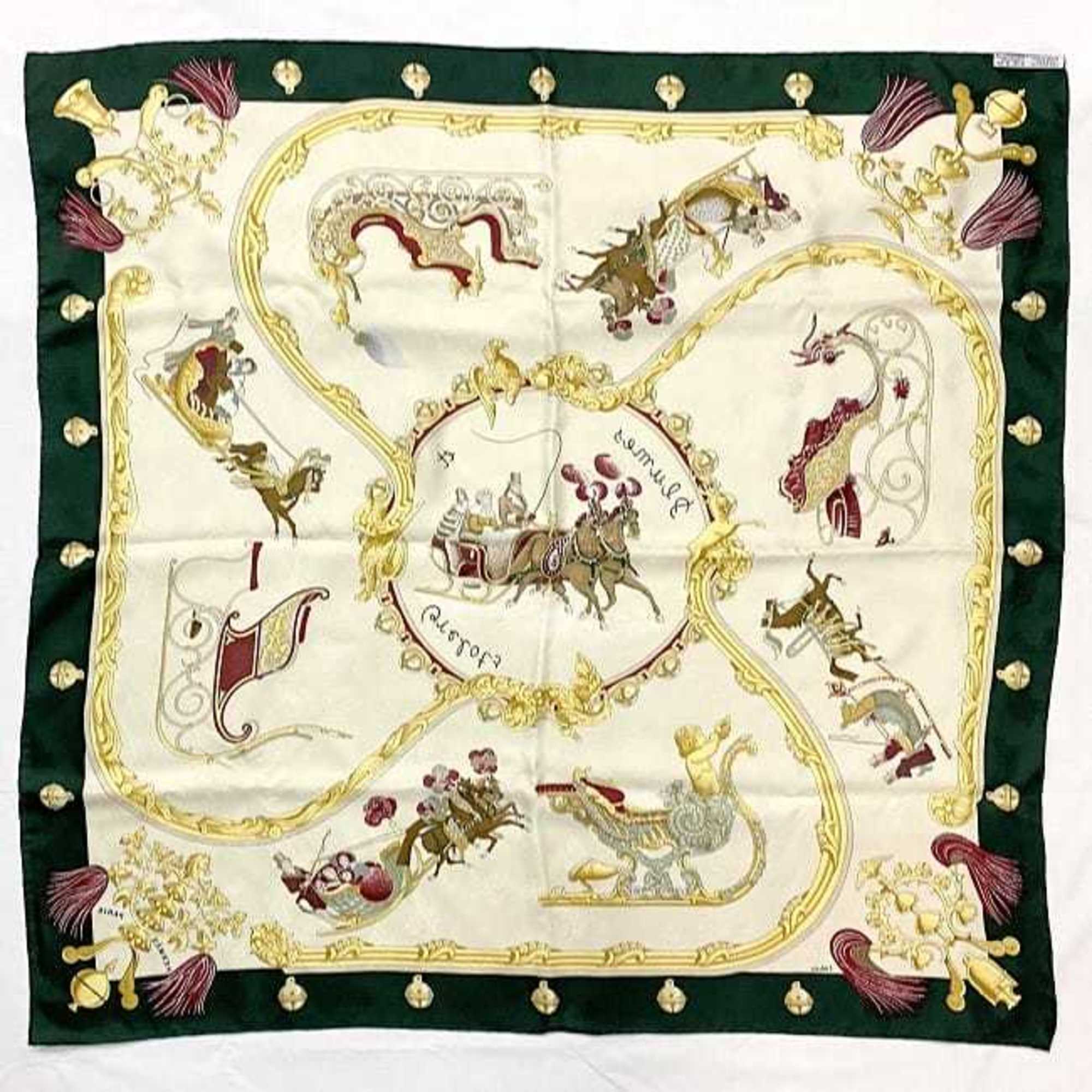 Hermes Scarf Carre 90 Beige Green Feather and Bell 100% Silk HERMES Large PLUMES ET GRELOTS Horse Ladies Fashion Accessories