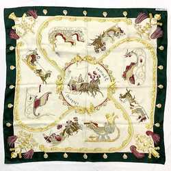 Hermes Scarf Carre 90 Beige Green Feather and Bell 100% Silk HERMES Large PLUMES ET GRELOTS Horse Ladies Fashion Accessories